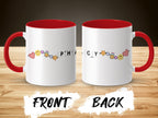 White mug with red handle and interior, featuring smiling faces and "Pharmacy" text.