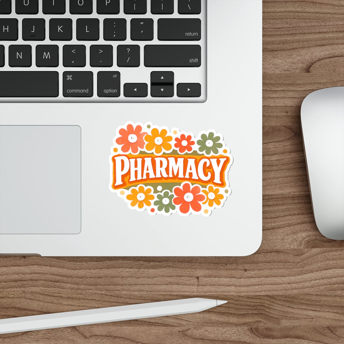 Sticker with "Pharmacy" text and colorful floral design.