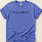 Blue t-shirt with "Pharmacy Technician" text in black script.