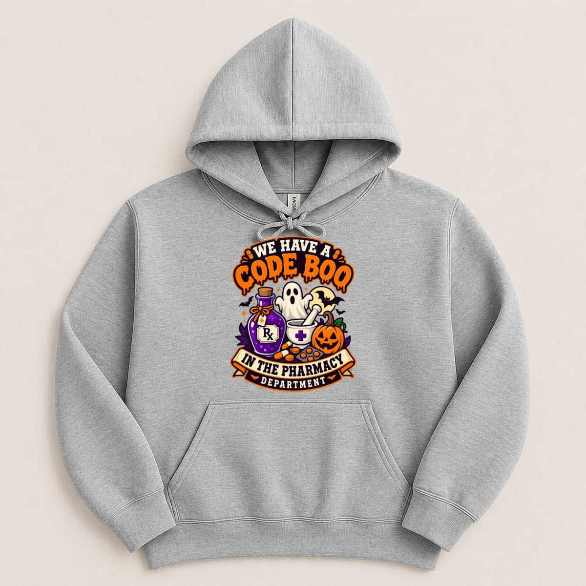 Grey hoodie with "We Have a Code Boo in the Pharmacy Department" Halloween graphic.