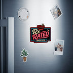 Retro "Rx Rated" sign with a mortar and pestle, illuminated by neon lights.