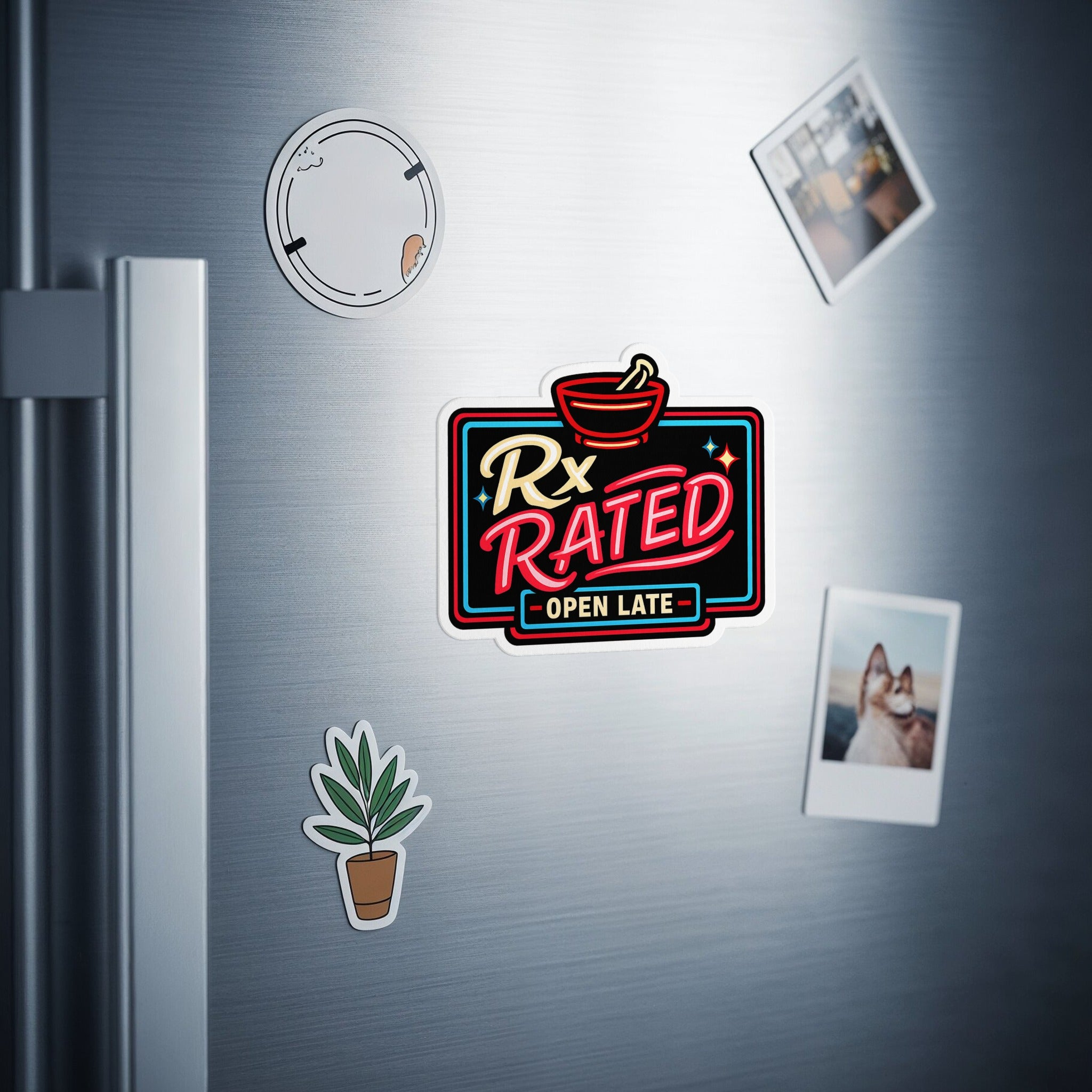 Retro "Rx Rated" sign with a mortar and pestle, illuminated by neon lights.
