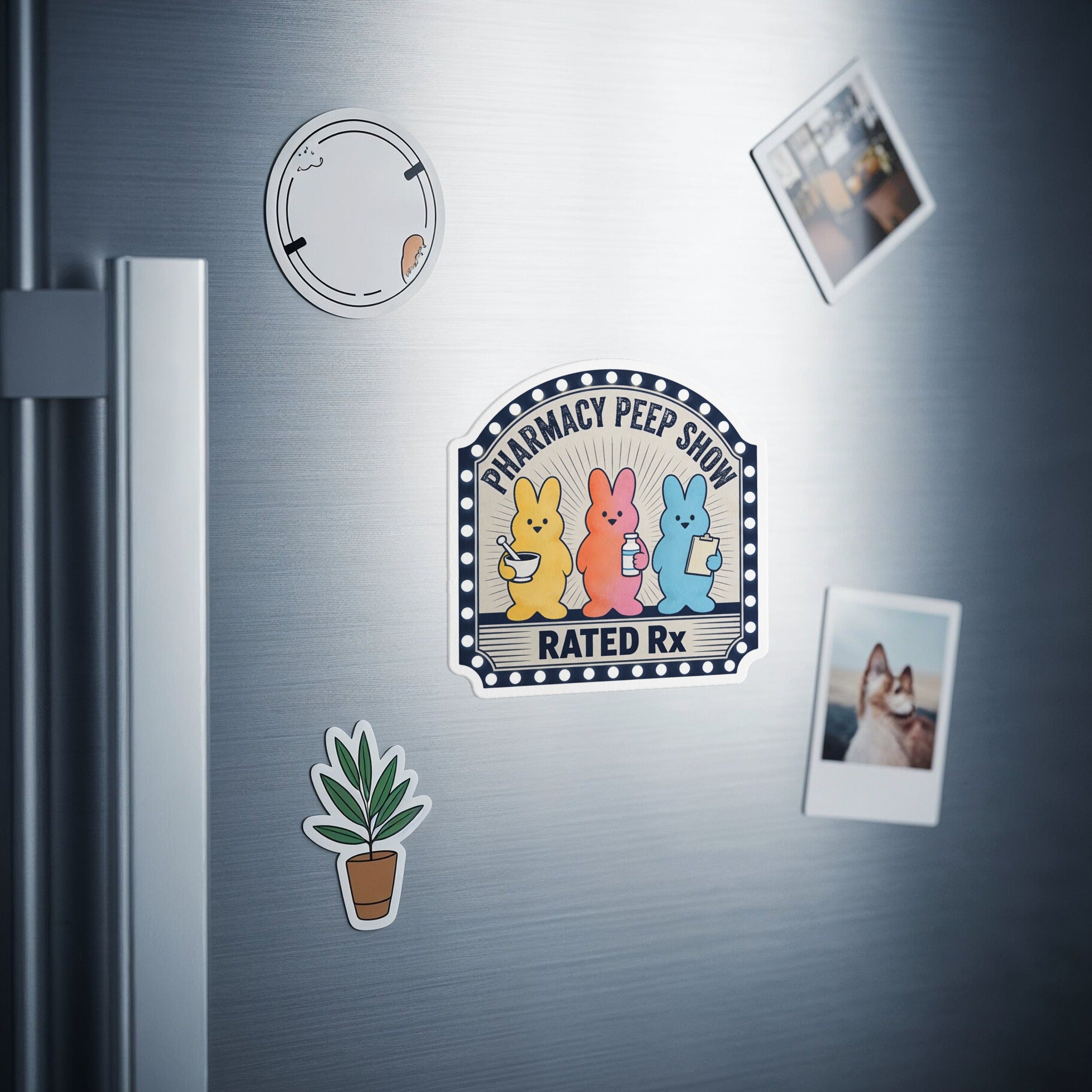 Peeps dressed as pharmacists, "Pharmacy Peep Show Rated Rx" sticker on a refrigerator.