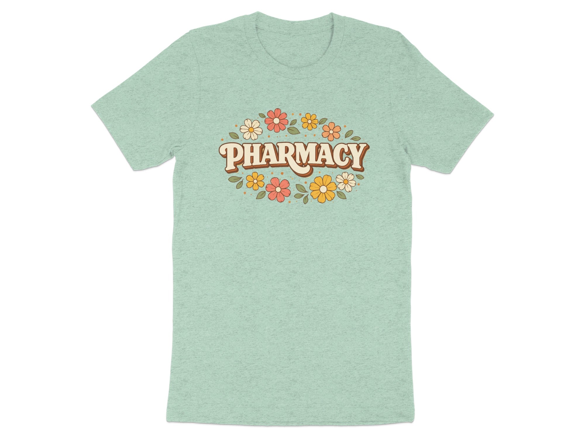 Retro floral graphic with "Pharmacy" text on a light green t-shirt.