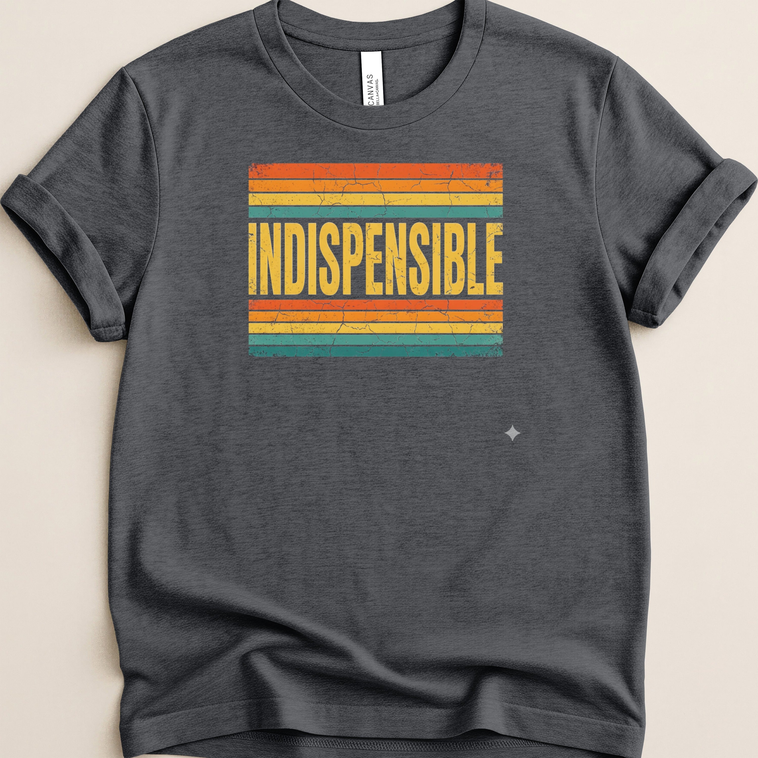 Dark grey t-shirt with distressed retro stripe design and "INDISPENSABLE" text.