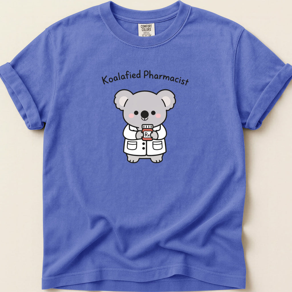 T-shirt with a cartoon koala pharmacist holding a prescription bottle.