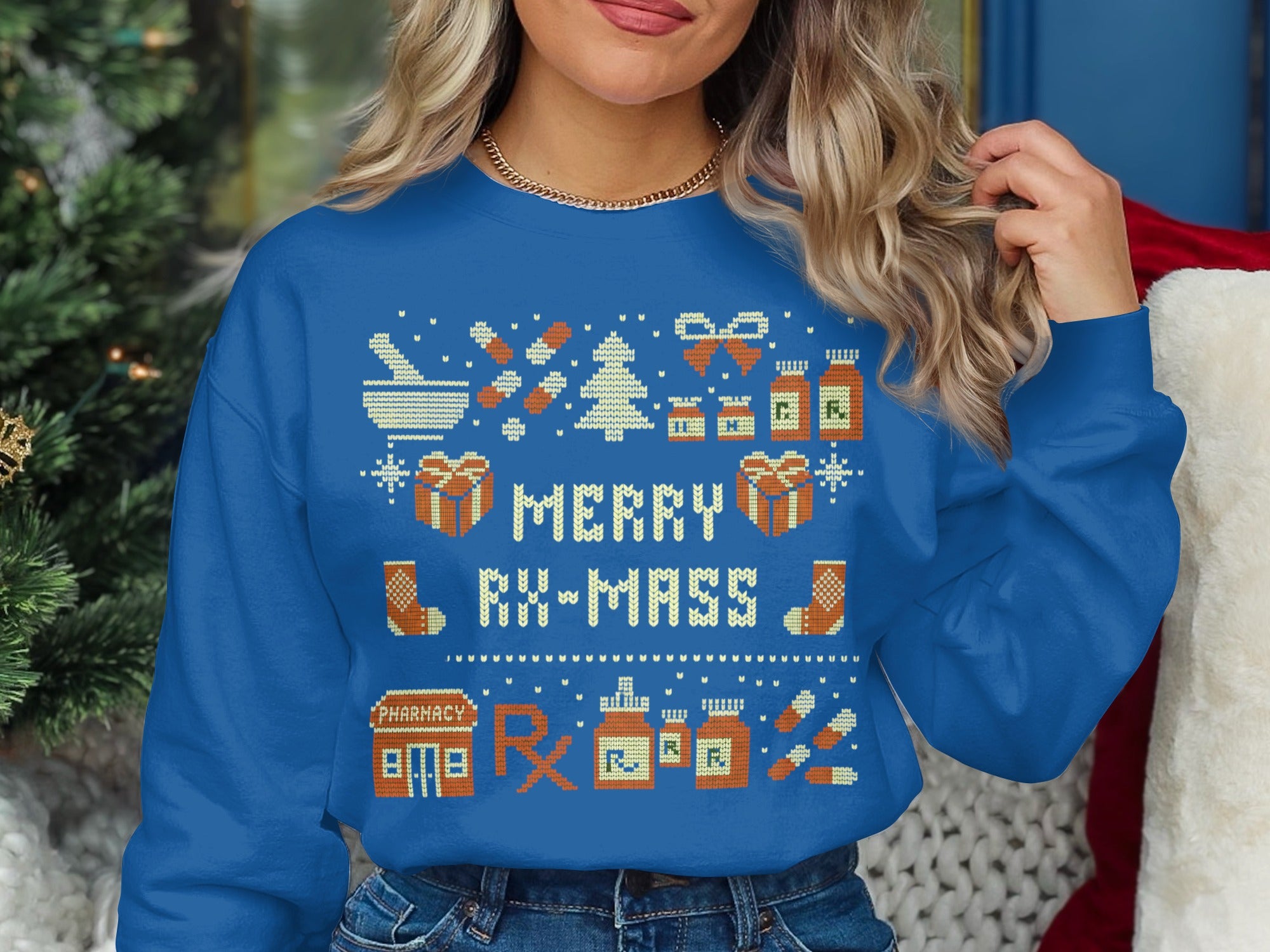 Merry Rx-Mas themed sweater with cute pharmacy icons
