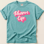 Teal t-shirt with "Pharm Life" in pink script.