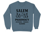 Salem Pharmacy potions elixirs text and potion bottles graphic sweatshirt.