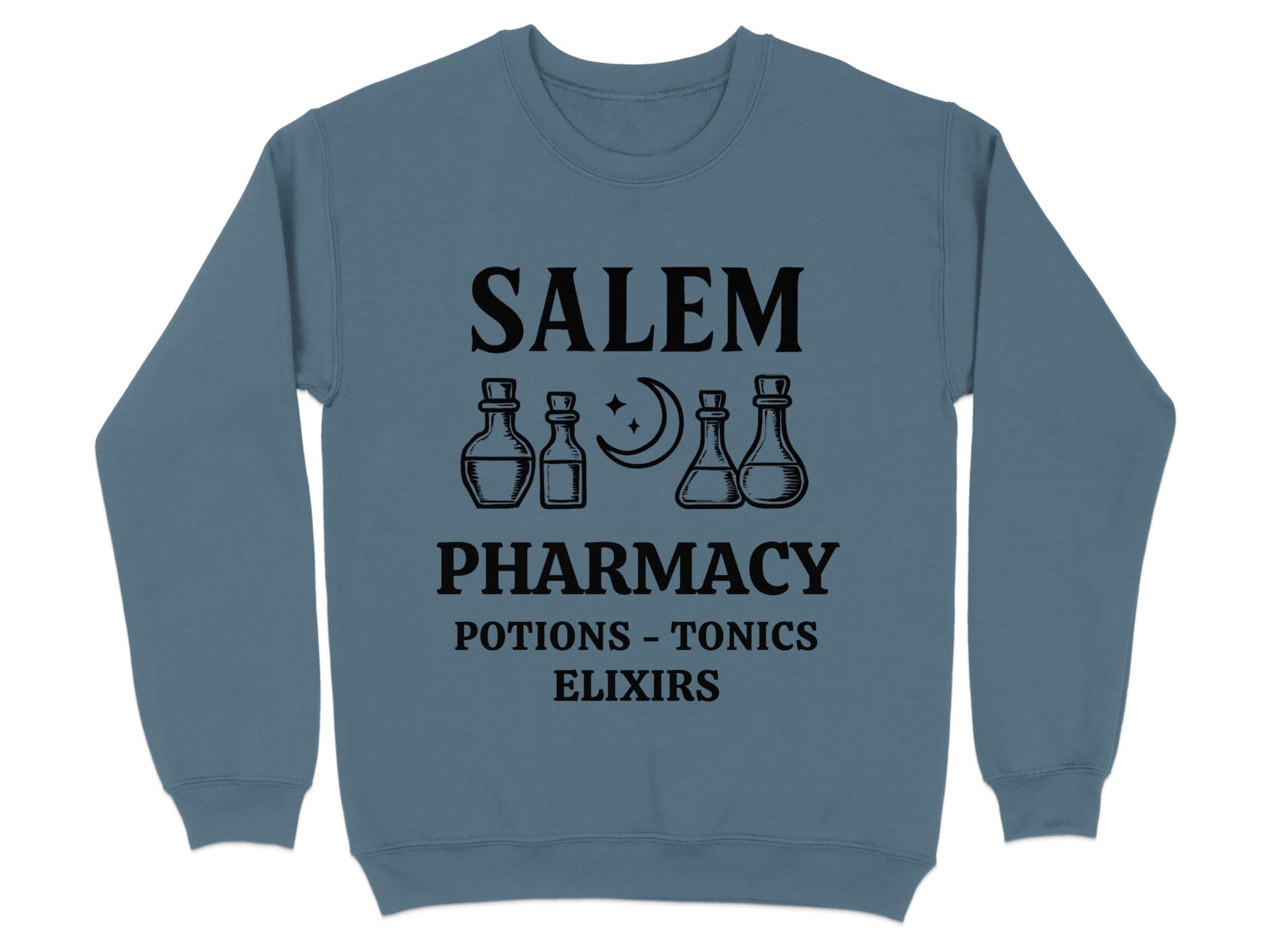 Salem Pharmacy potions elixirs text and potion bottles graphic sweatshirt.