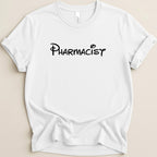 White t-shirt with "Pharmacist" in Disney-style font.