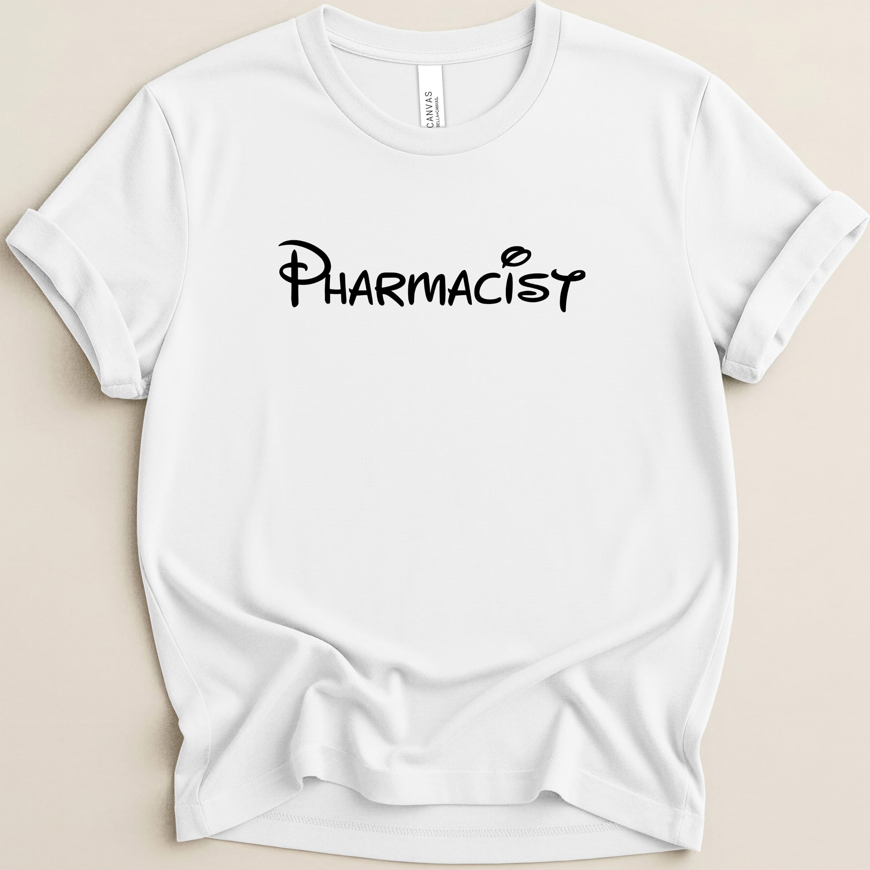 White t-shirt with "Pharmacist" in Disney-style font.