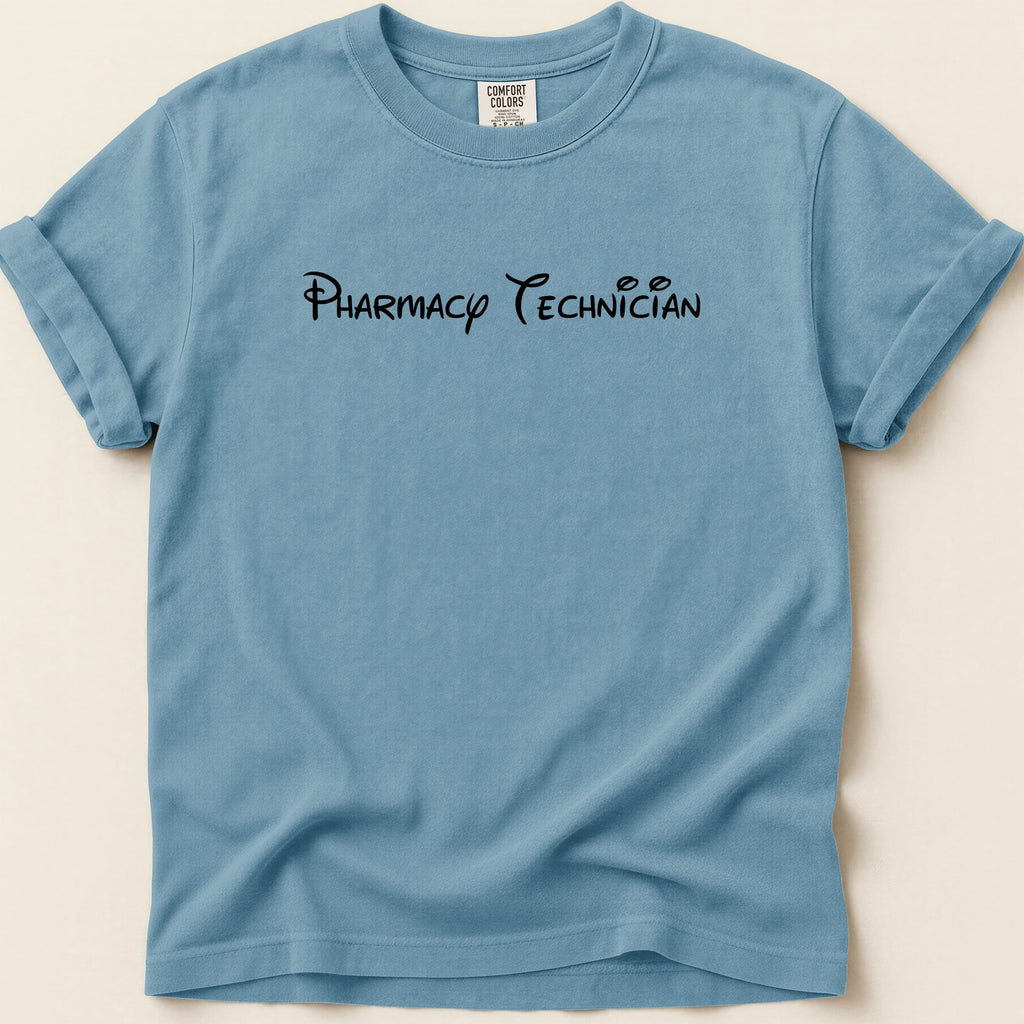 Blue t-shirt with "Pharmacy Technician" text in black cursive font.