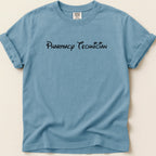 Blue t-shirt with "Pharmacy Technician" text in black cursive font.