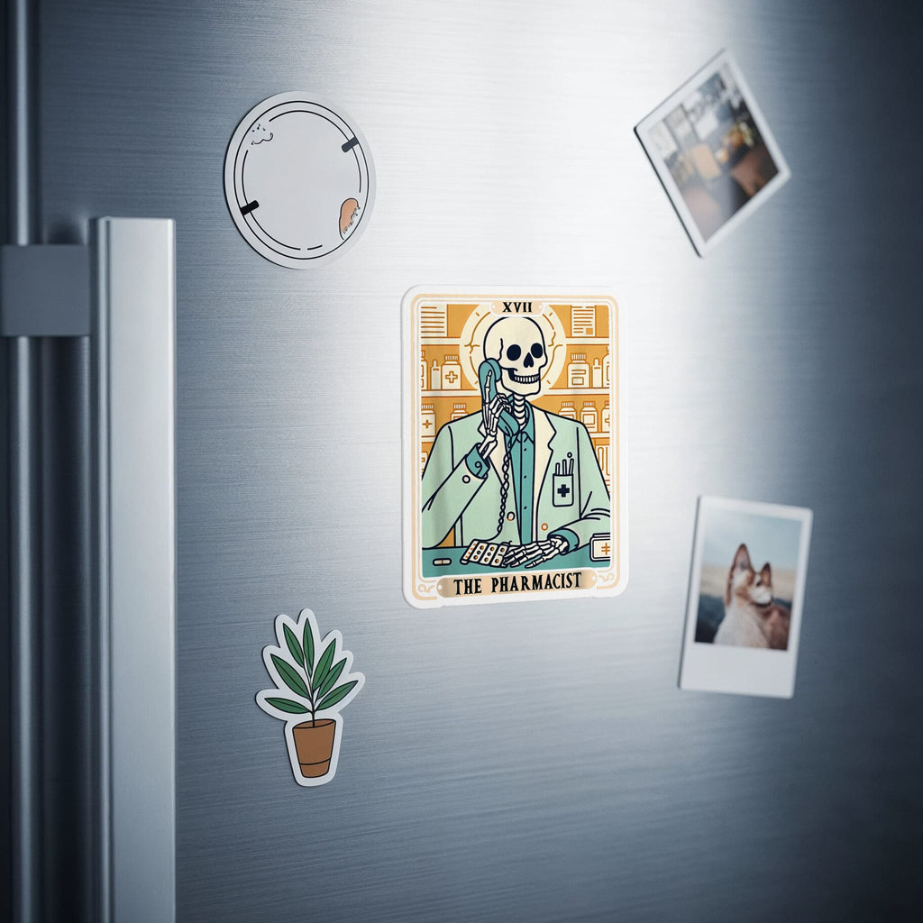 Tarot card sticker of a skeleton pharmacist on a refrigerator.