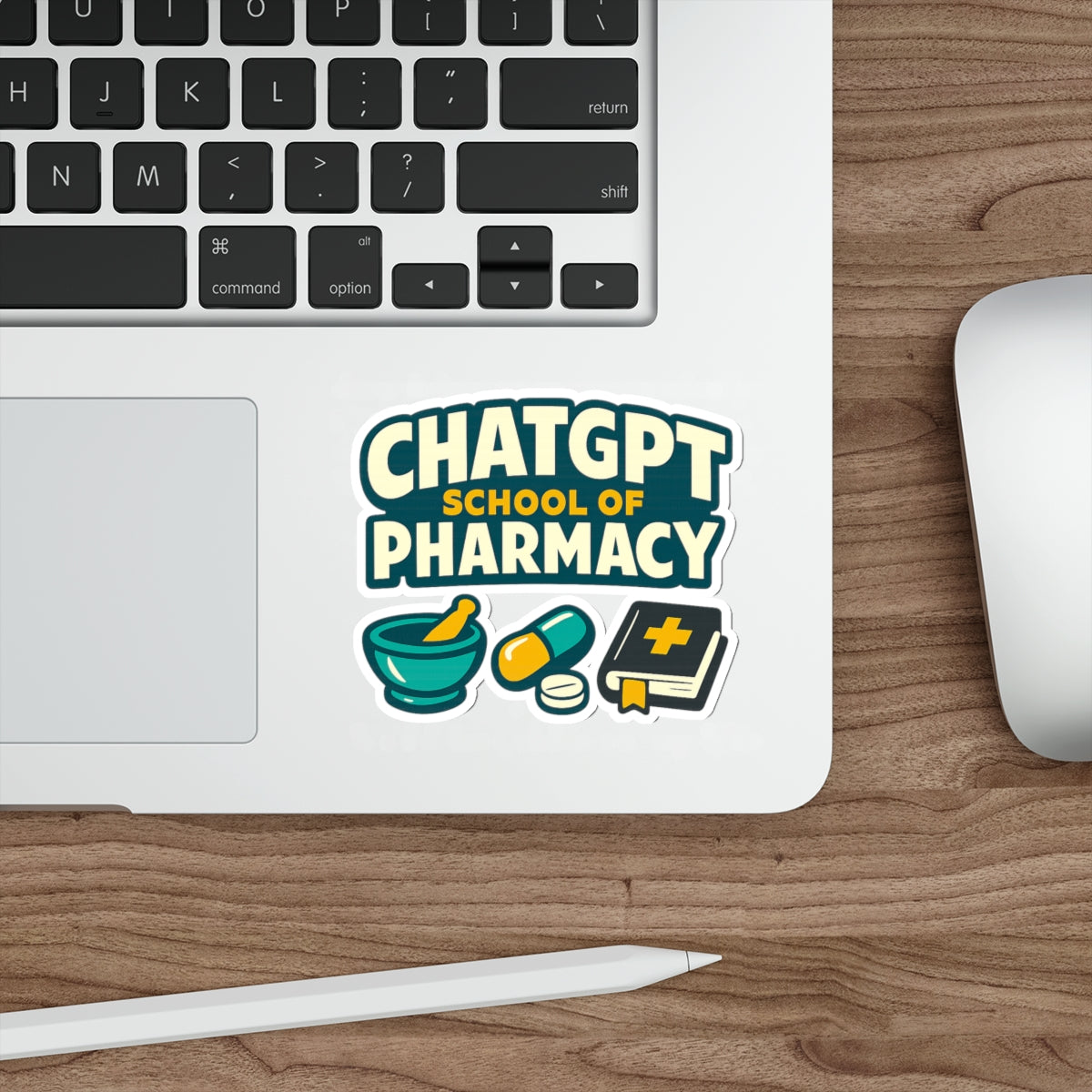 Sticker for ChatGPT School of Pharmacy with mortar and pestle, pill, and book.
