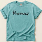 Teal t-shirt with "Pharmacy" in black Disney-style script.