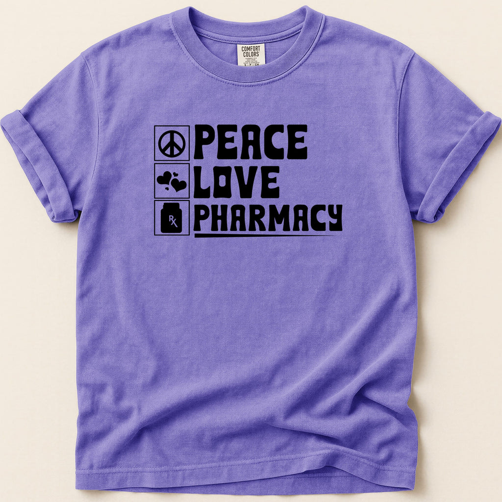 Purple t-shirt with "Peace Love Pharmacy" in black text.