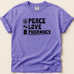 Purple t-shirt with "Peace Love Pharmacy" in black text.