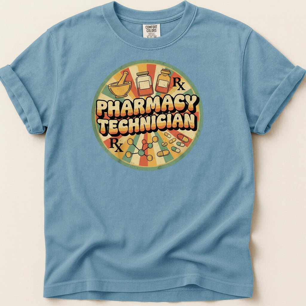 Retro Pharmacy Technician graphic with pills and mortar and pestle.
