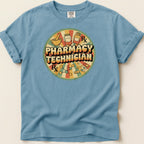 Retro Pharmacy Technician graphic with pills and mortar and pestle.