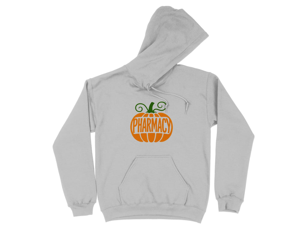 Gray hoodie with orange pumpkin design and "Pharmacy" text.