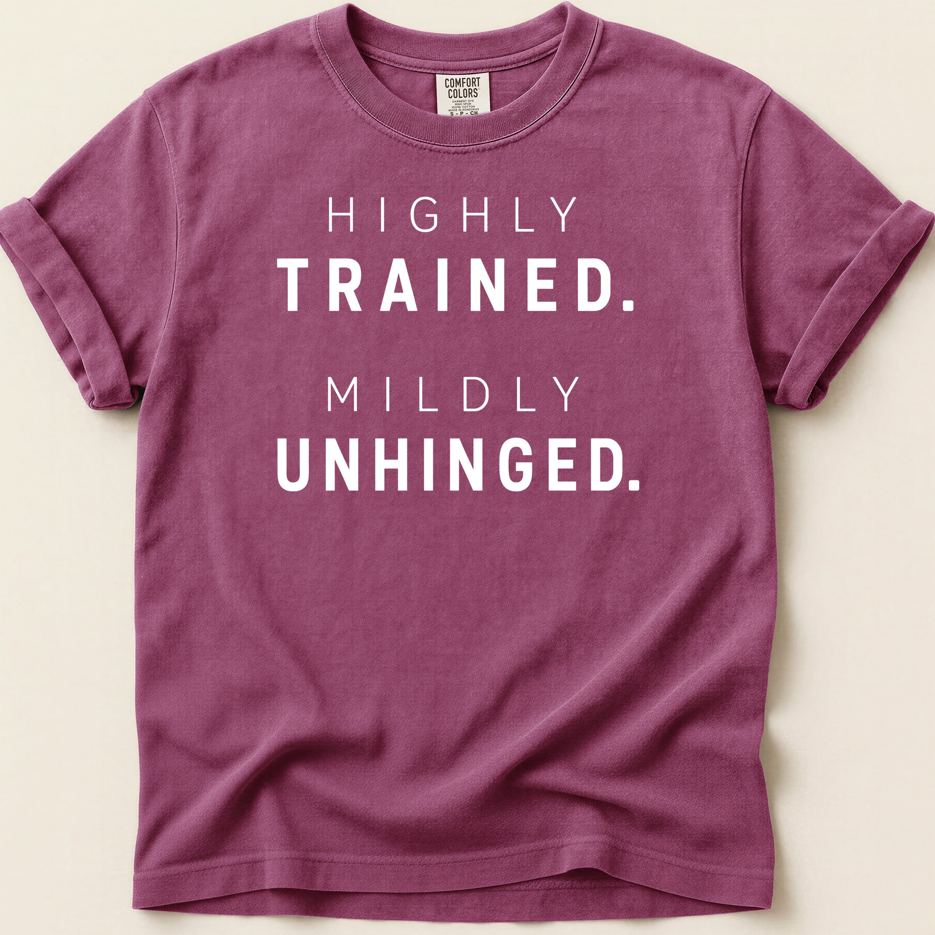 Burgundy t-shirt with "HIGHLY TRAINED. MILDLY UNHINGED." text.