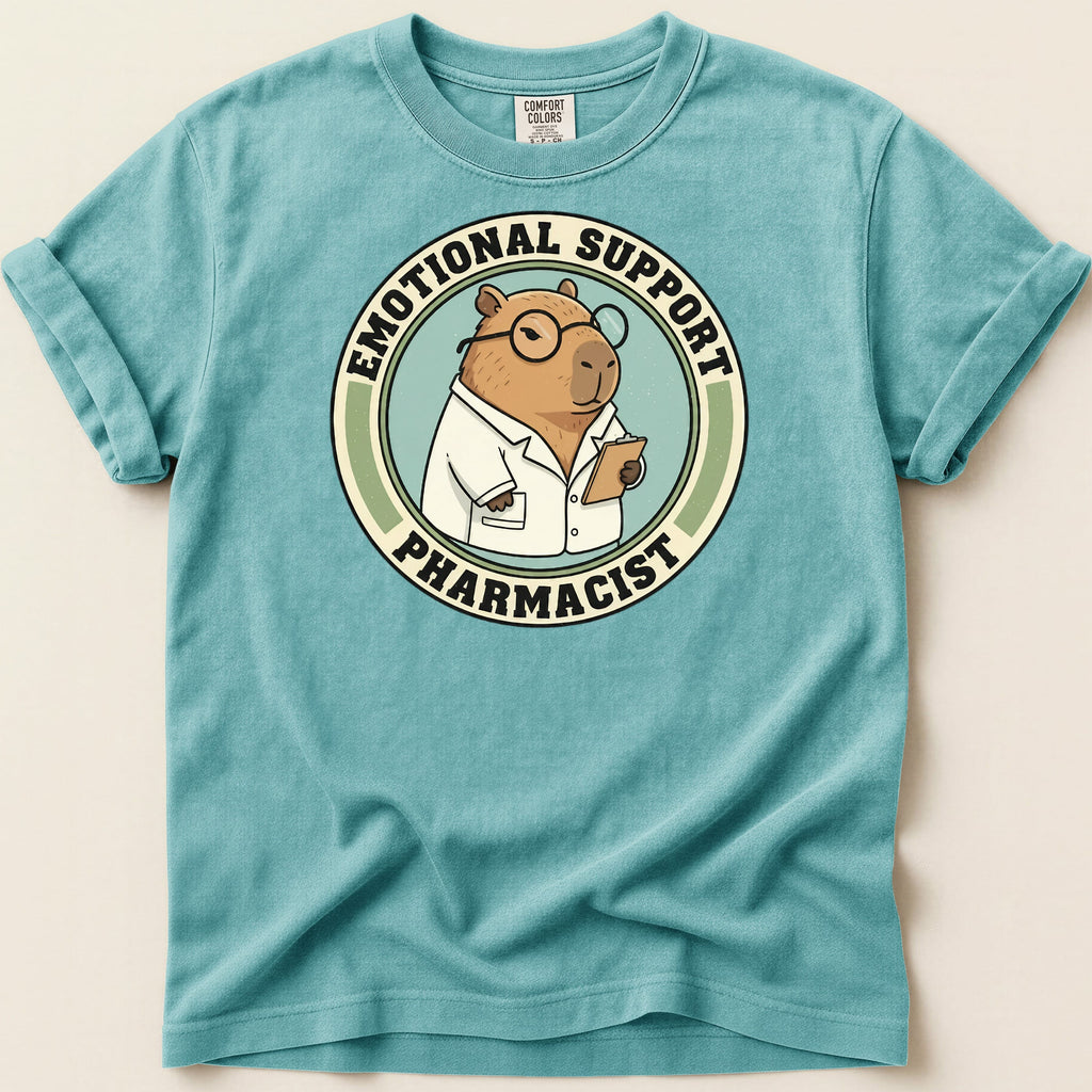 Capybara pharmacist wearing glasses and lab coat, with text "Emotional Support Pharmacist".