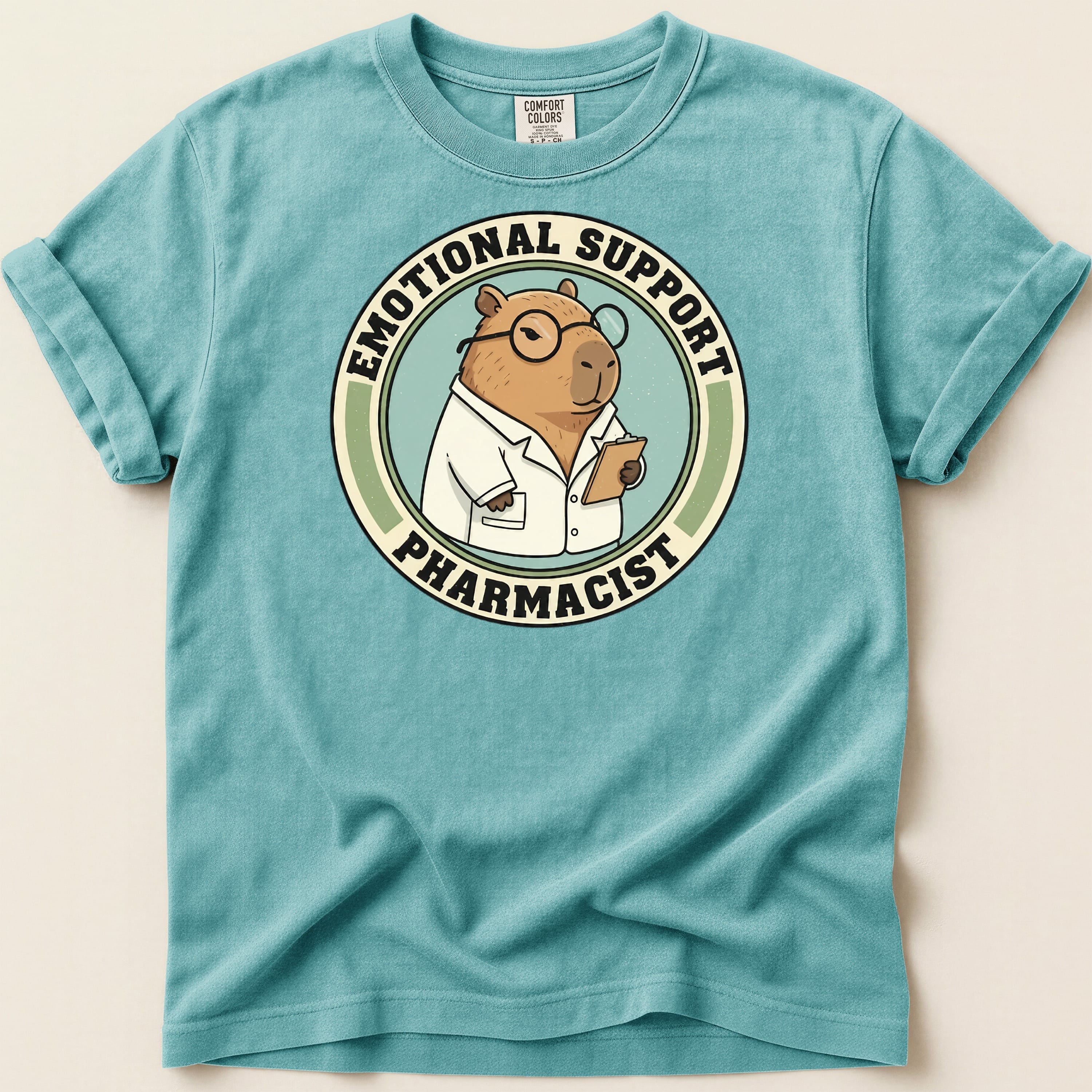 Capybara pharmacist wearing glasses and lab coat, with text "Emotional Support Pharmacist".