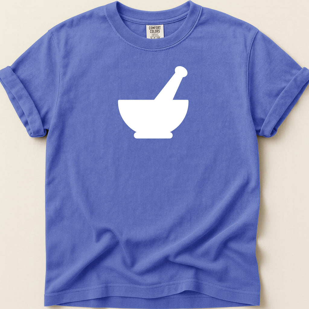 Blue t-shirt with white mortar and pestle graphic and Comfort Colors label.