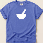 Blue t-shirt with white mortar and pestle graphic and Comfort Colors label.