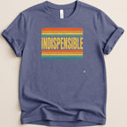 Blue t-shirt with distressed "INDISPENSABLE" text over horizontal stripes.