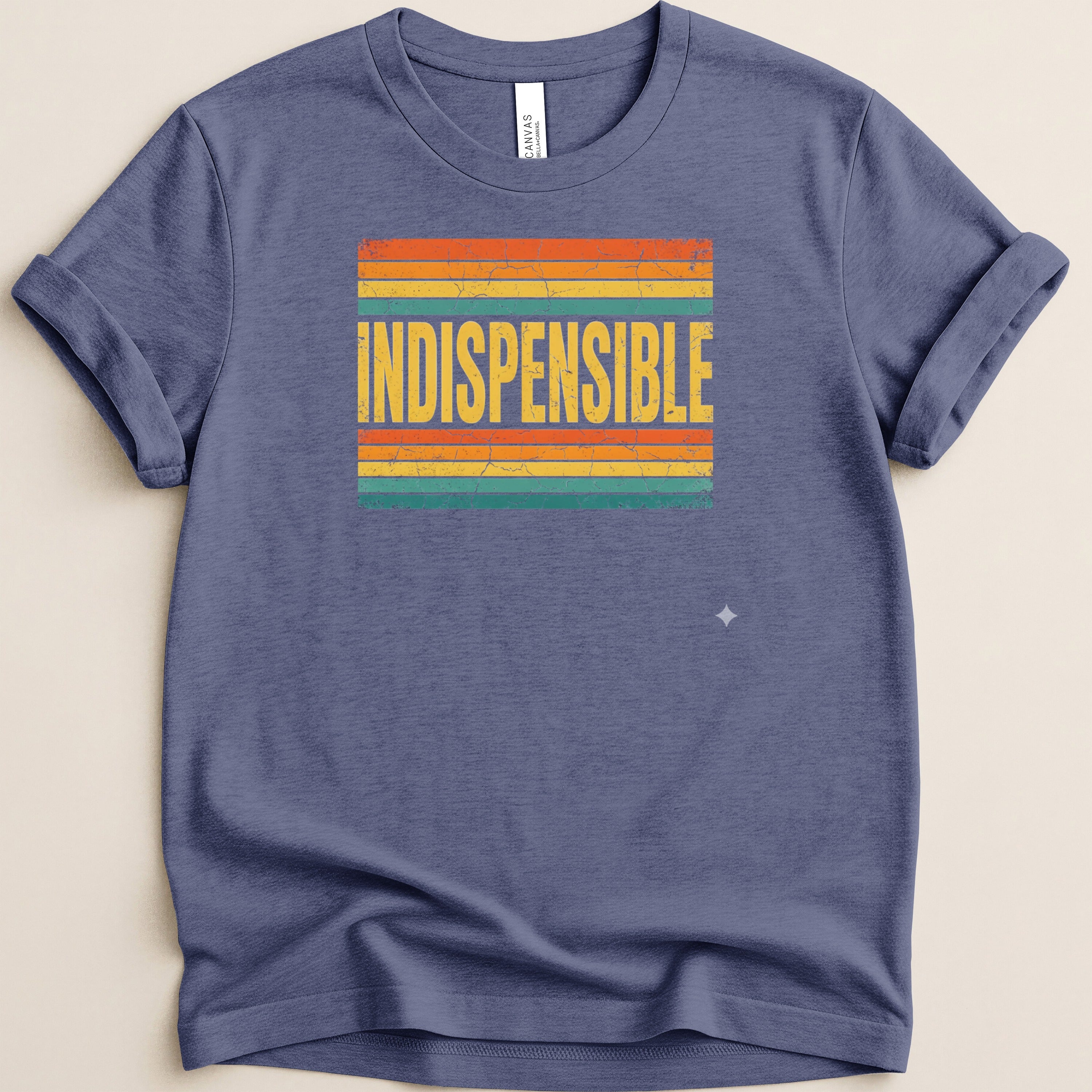 Blue t-shirt with distressed "INDISPENSABLE" text over horizontal stripes.