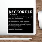 Black and white sticker defining "backorder" with dictionary-style explanations.