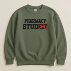 Olive green sweatshirt with "PHARMACY STUDENT" text, red X over "STU".