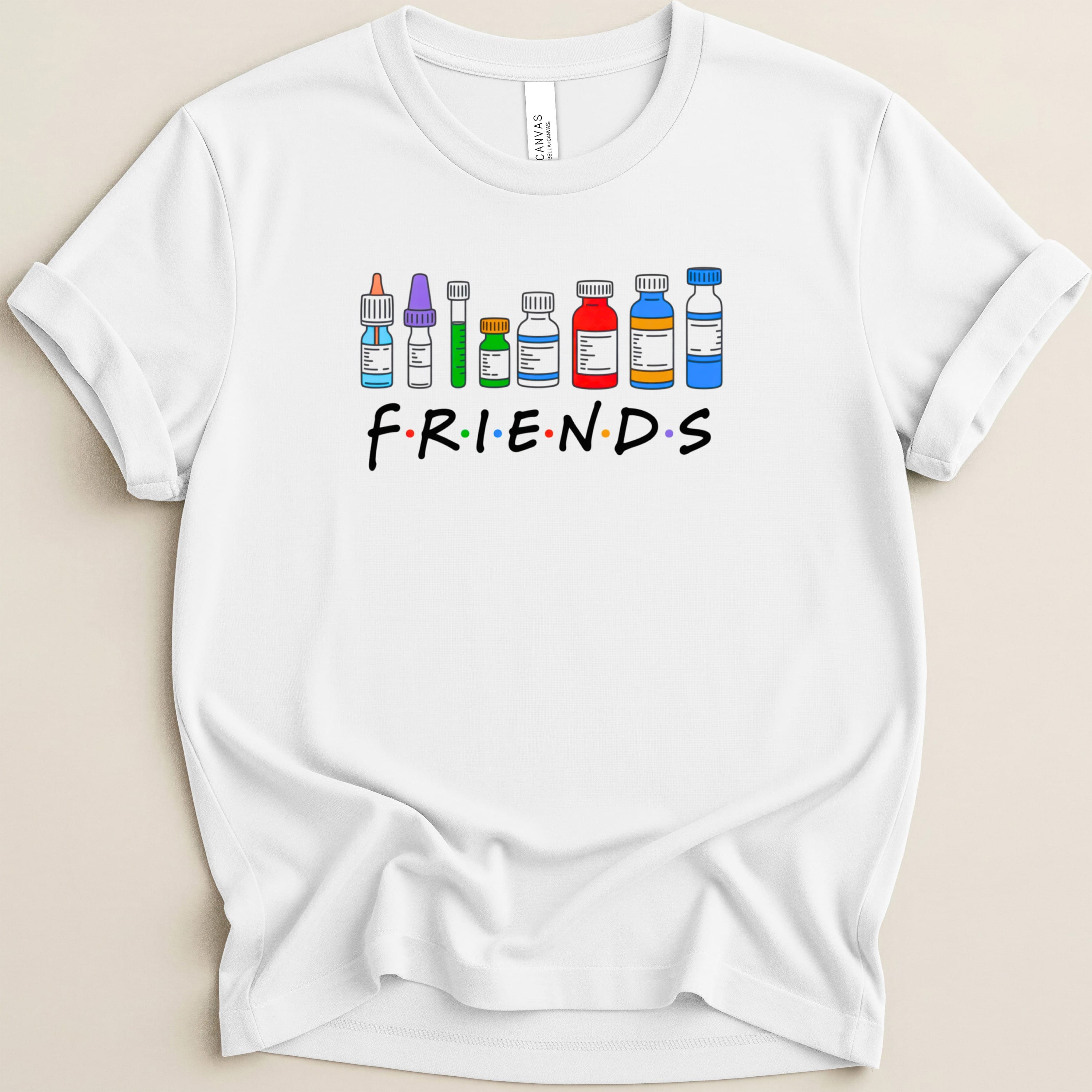 T-shirt with "F.R.I.E.N.D.S." logo above row of medical vials.