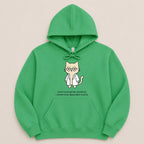 Green hoodie with a cartoon cat wearing a lab coat and glasses.