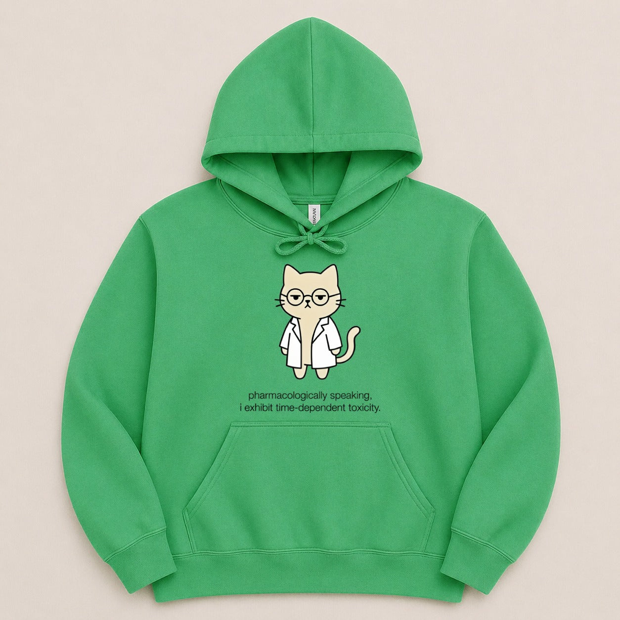 Green hoodie with a cartoon cat wearing a lab coat and glasses.