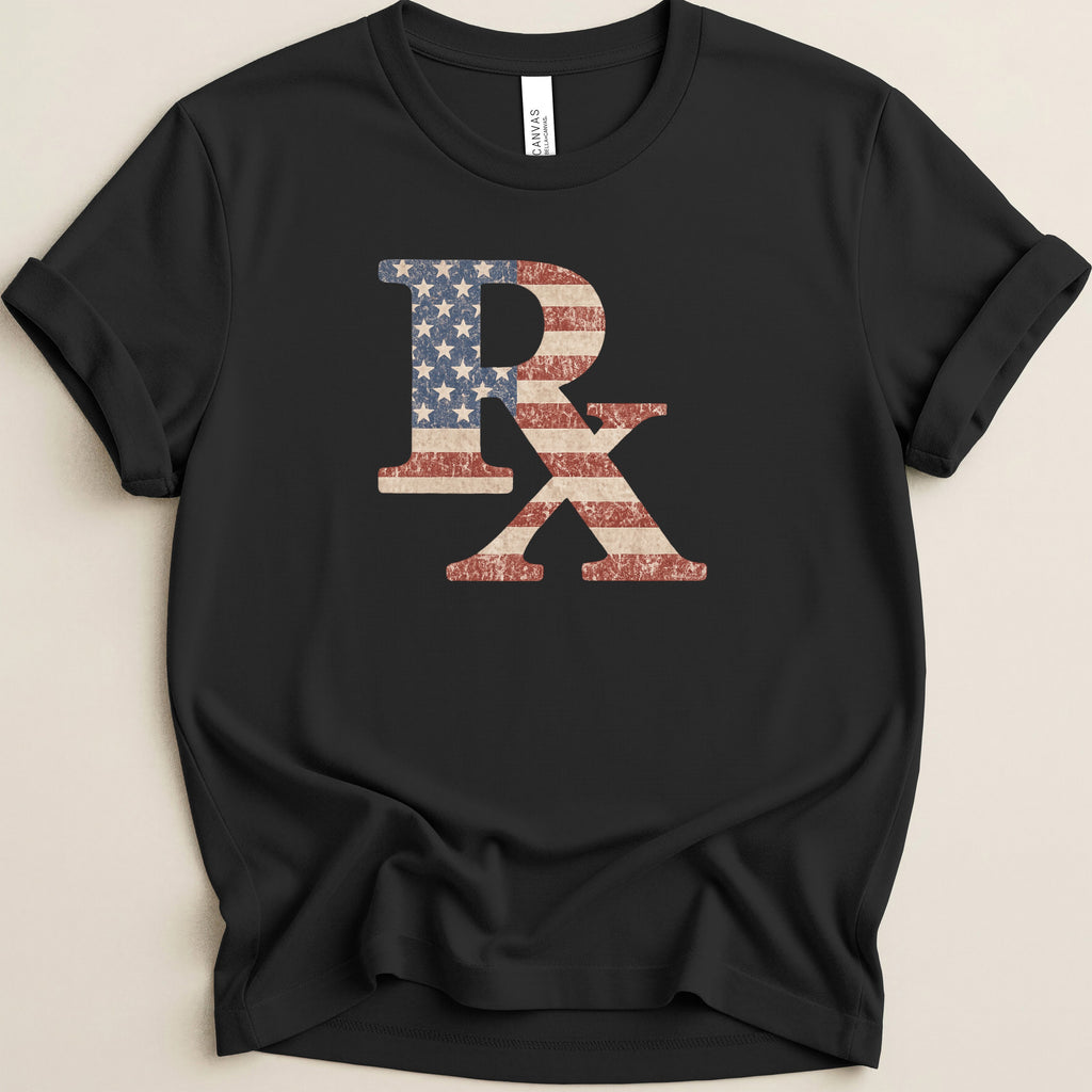 Black t-shirt with distressed American flag RX symbol.