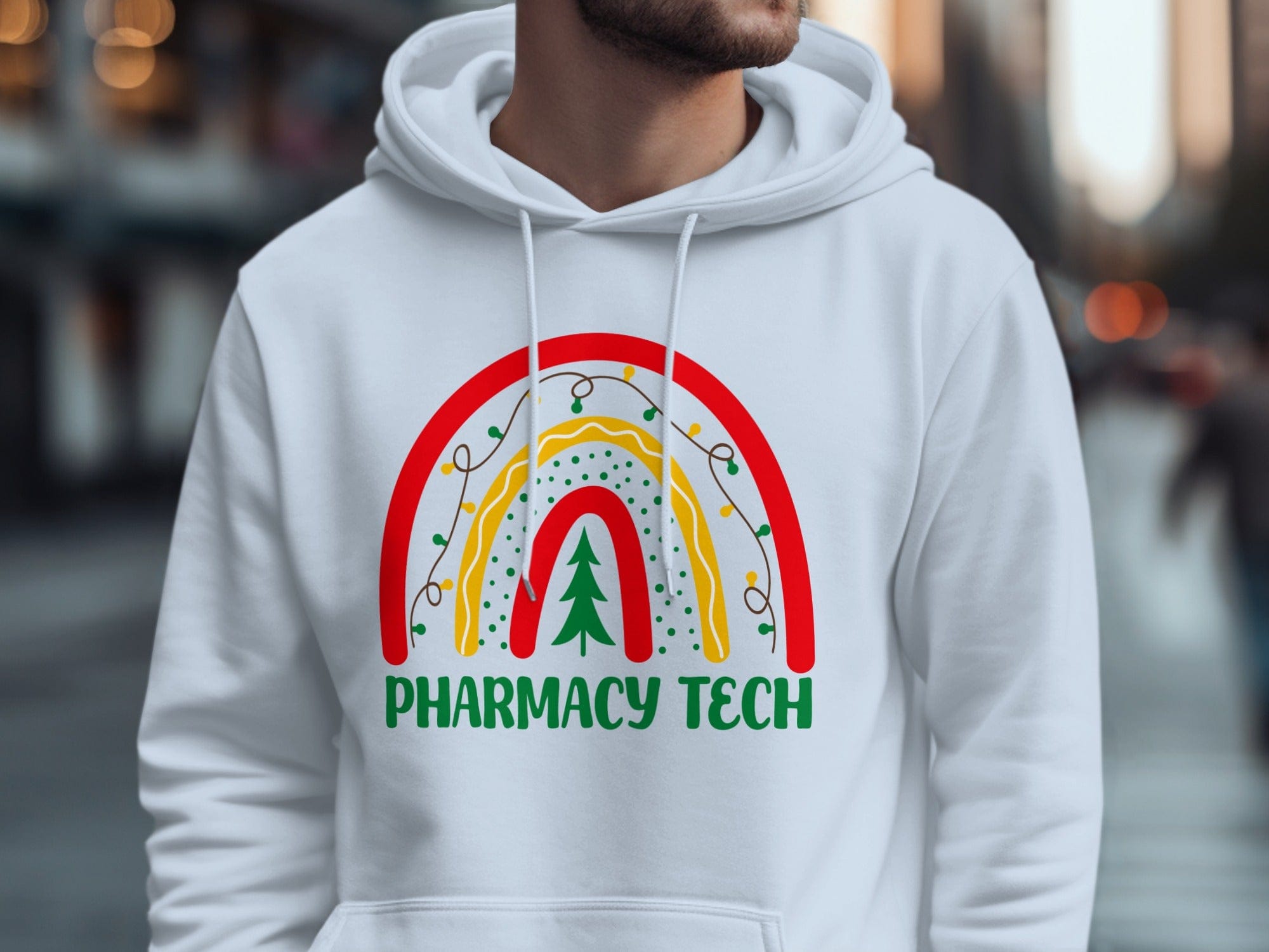 Festive Pharmacy Tech Hoodie with Colorful Rainbow Design