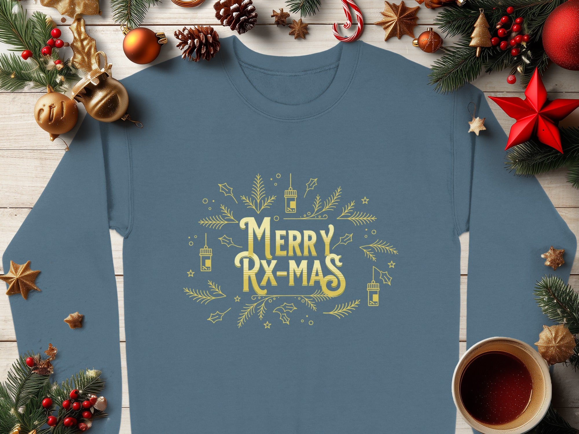 Merry RX Mas Christmas Design On Blue Shirt Product