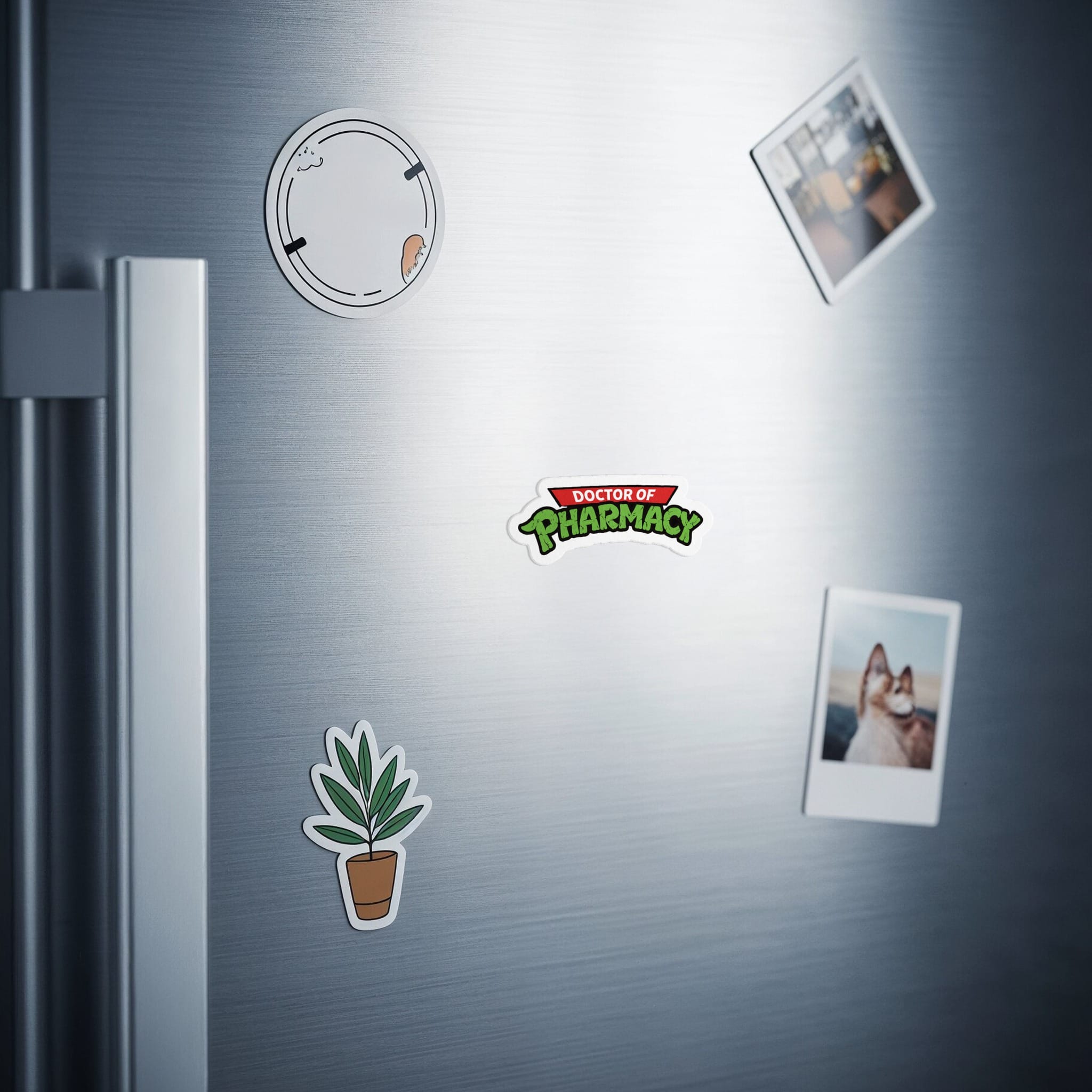 Doctor of Pharmacy logo sticker and plant sticker on a refrigerator door.