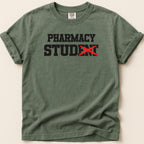 Green t-shirt with "PHARMACY STUDENT" and a red X over "STUDENT".