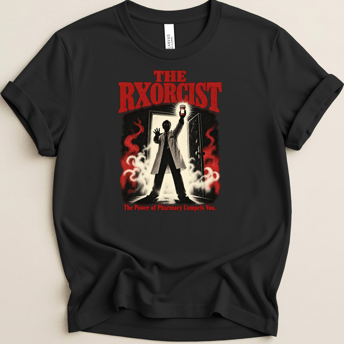 Black t-shirt with The Rxorcist graphic and "The Power of Pharmacy Compels You."