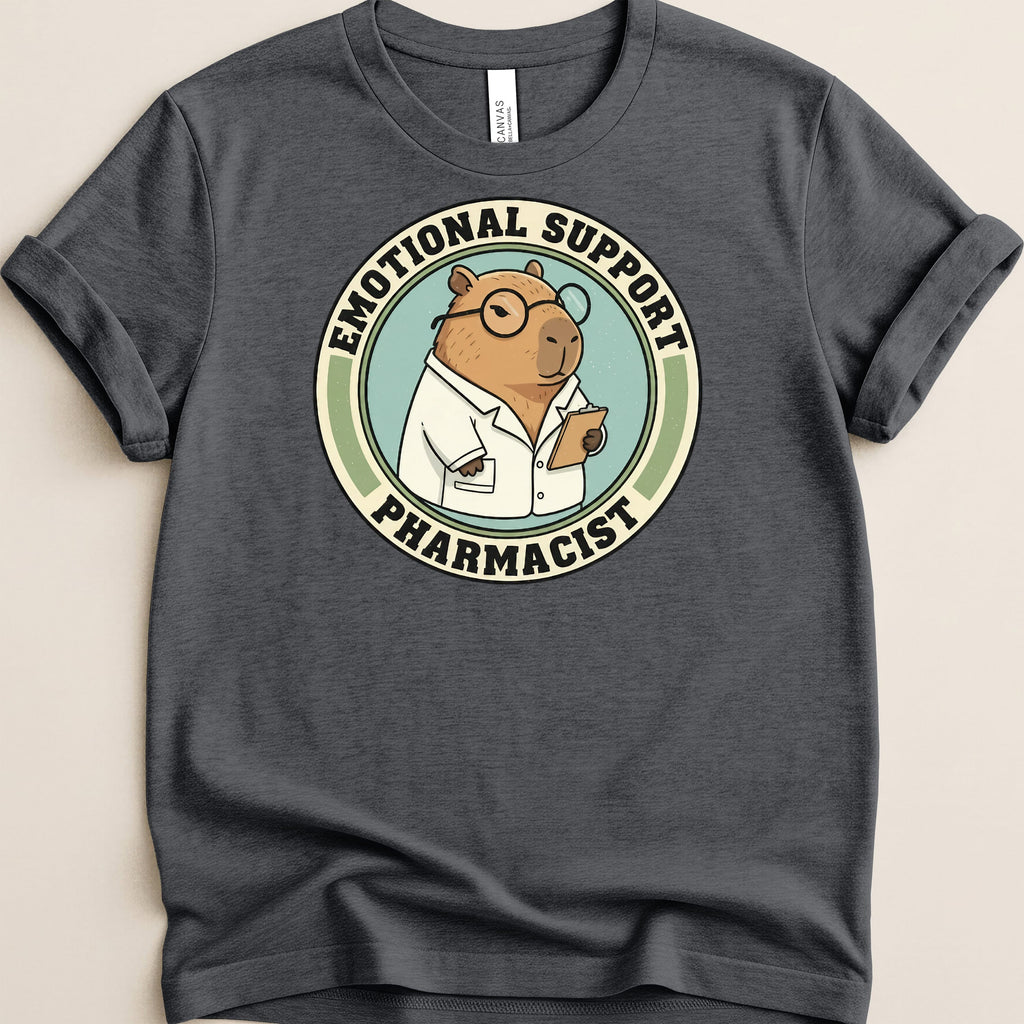Capybara wearing glasses and lab coat, "Emotional Support Pharmacist" text.