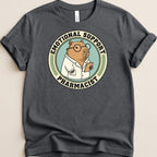 Capybara wearing glasses and lab coat, "Emotional Support Pharmacist" text.