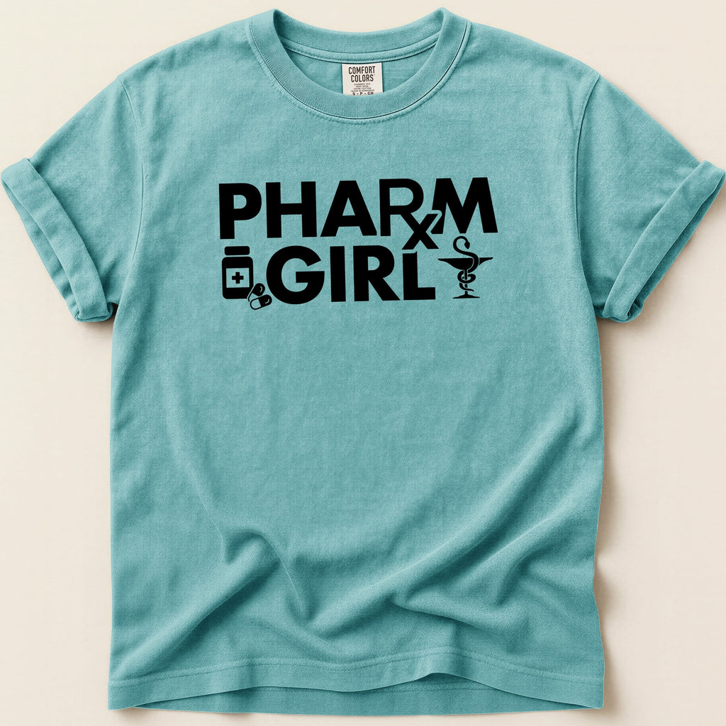 Teal t-shirt with "PHARM GIRL" graphic and medical icons.
