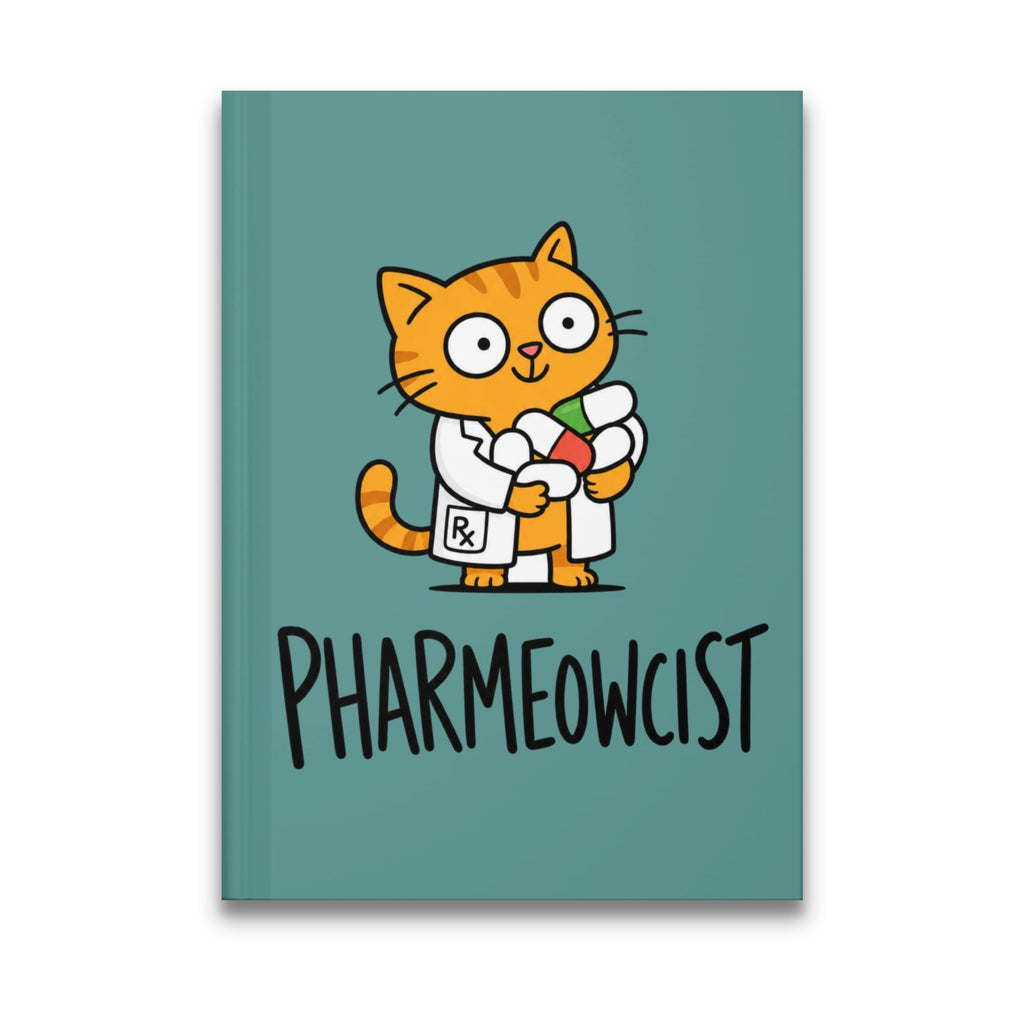 Orange tabby cat wearing a lab coat holds pills with "PHARMEOWCIST" text.
