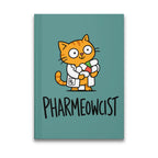 Orange tabby cat wearing a lab coat holds pills with "PHARMEOWCIST" text.