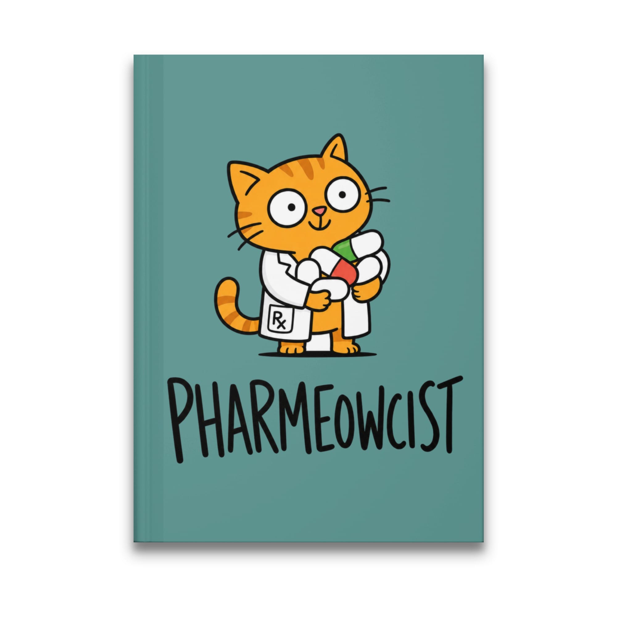 Orange tabby cat wearing a lab coat holds pills with "PHARMEOWCIST" text.